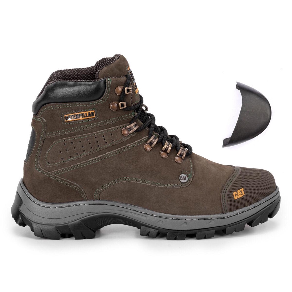 Bota Masculina Caterpillar Com Bico PVC Couro Cor Verde palmilha a Gel Impermeável Trilha.