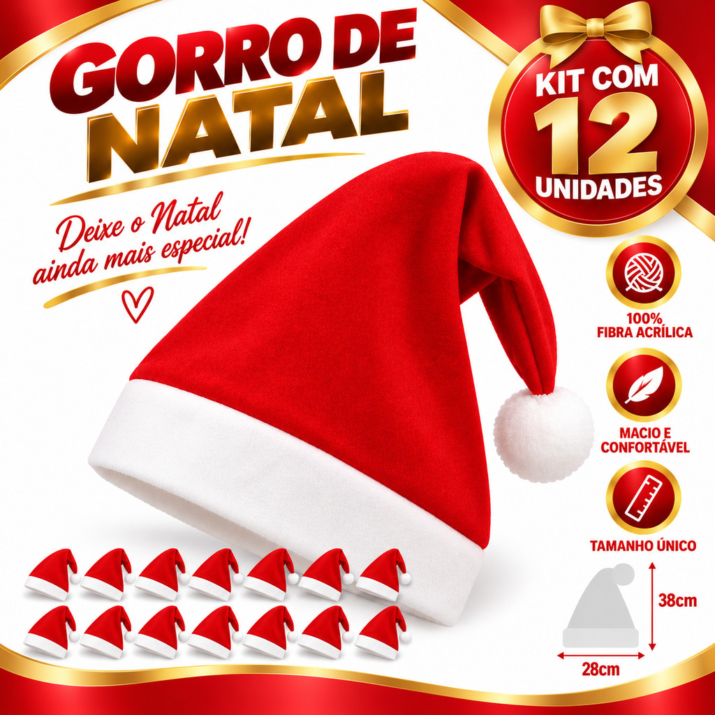Kit 12 Gorro Papai Noel Veludo Elegância Vermelho 28cm Touca Natal Premium