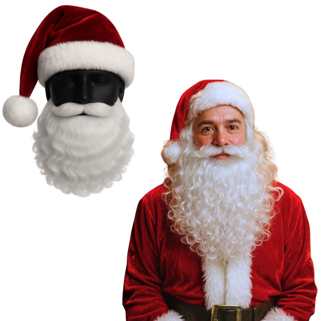 Kit Fantasia Acessórios Papai Noel Barba Falsa Longa Branca Gorro Vermelho Veludo Premium Natal