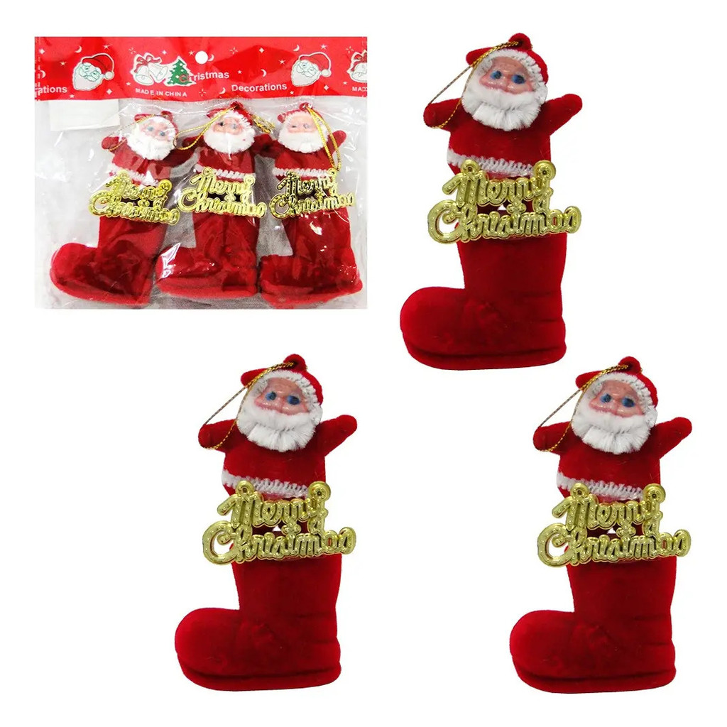 Kit 3 Enfeite Natalino Bota Com Papai Noel De Veludo De Luxo Vermelho