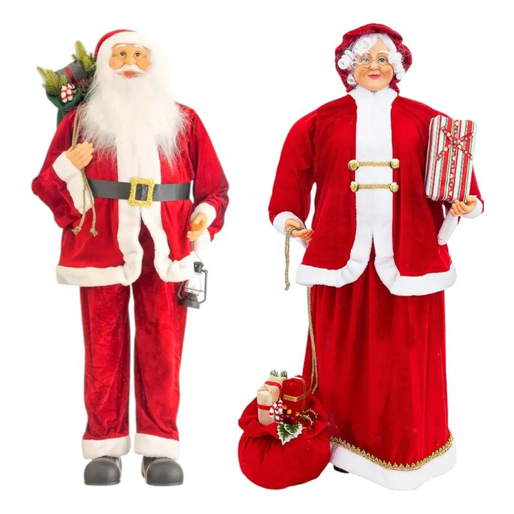 Casal De Bonecos Papai Noel E Mamãe Noel  Roupa Veludo 110cm Vermelho