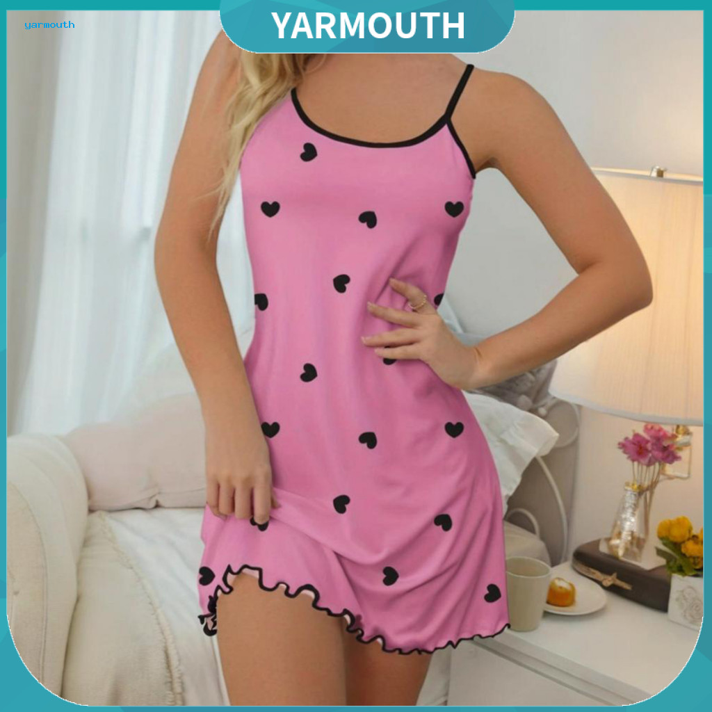 Love-themed Sleepwear Women A-line Nightgown Women’s Summer Heart Print Spaghetti Strap Backless Mini Dress Thin Above
