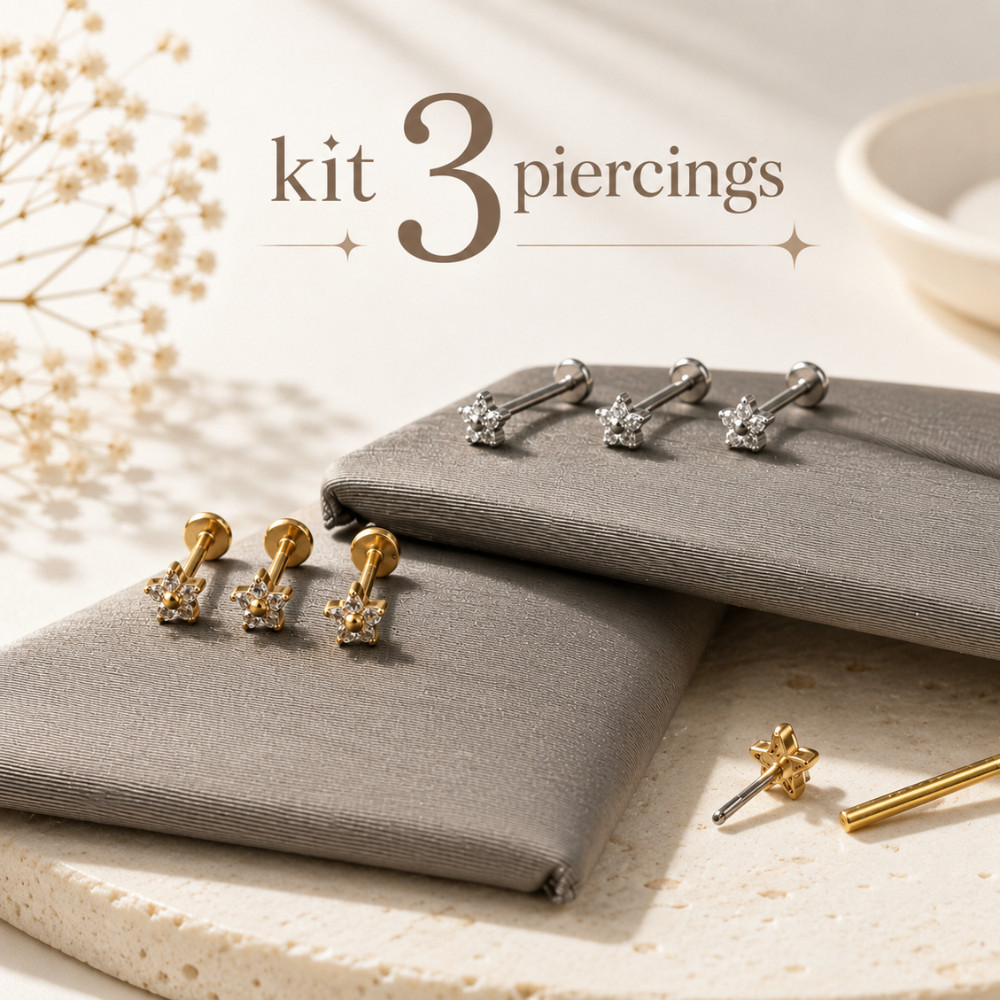 Kit 3 piercings Piercing Titânio Push Pin Mini Flor Trinity Trevo Borboleta – Tragus Helix Nariz