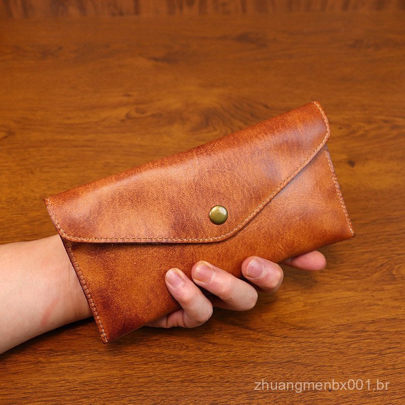 Bolsa para celular em couro de primeira camada para mulheres, carteira simples em couro curtido vegetal, bolsa vintage e