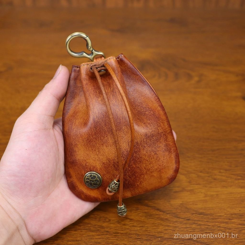 Bolsa de moedas criativa em estilo japonês para mulheres, mini bolsa de moedas vintage feita à mão em couro curtido vege