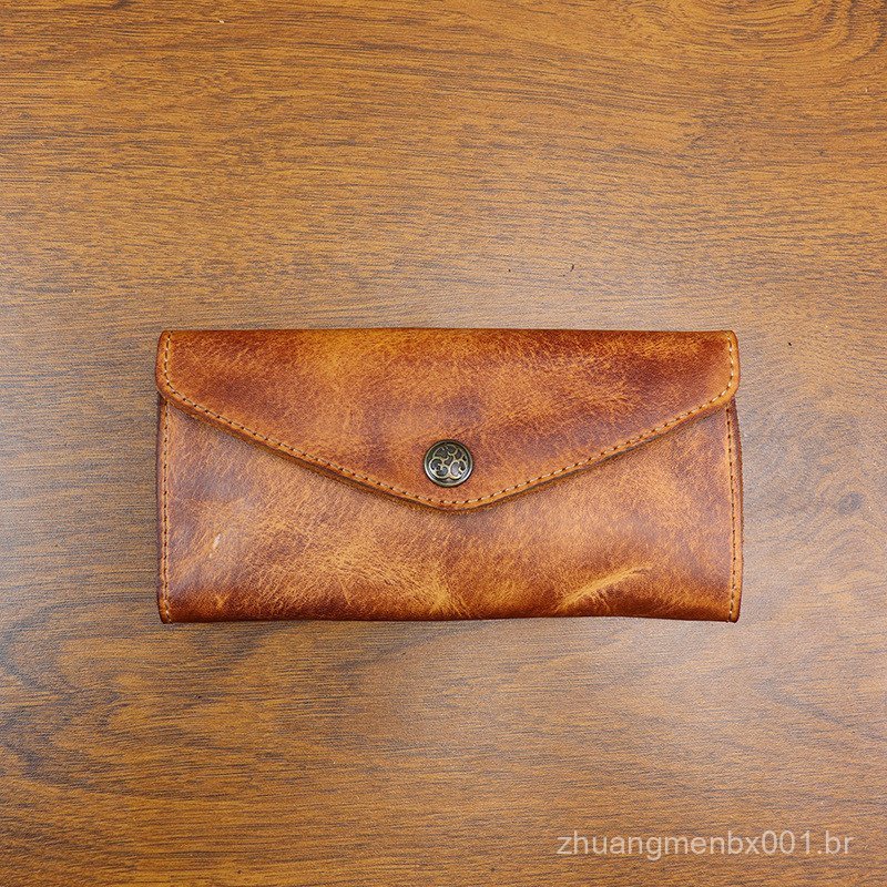 Carteira feminina de couro curtido vegetal, estilo vintage, feita à mão, modelo longo, bolsa de mão de grande capacidade