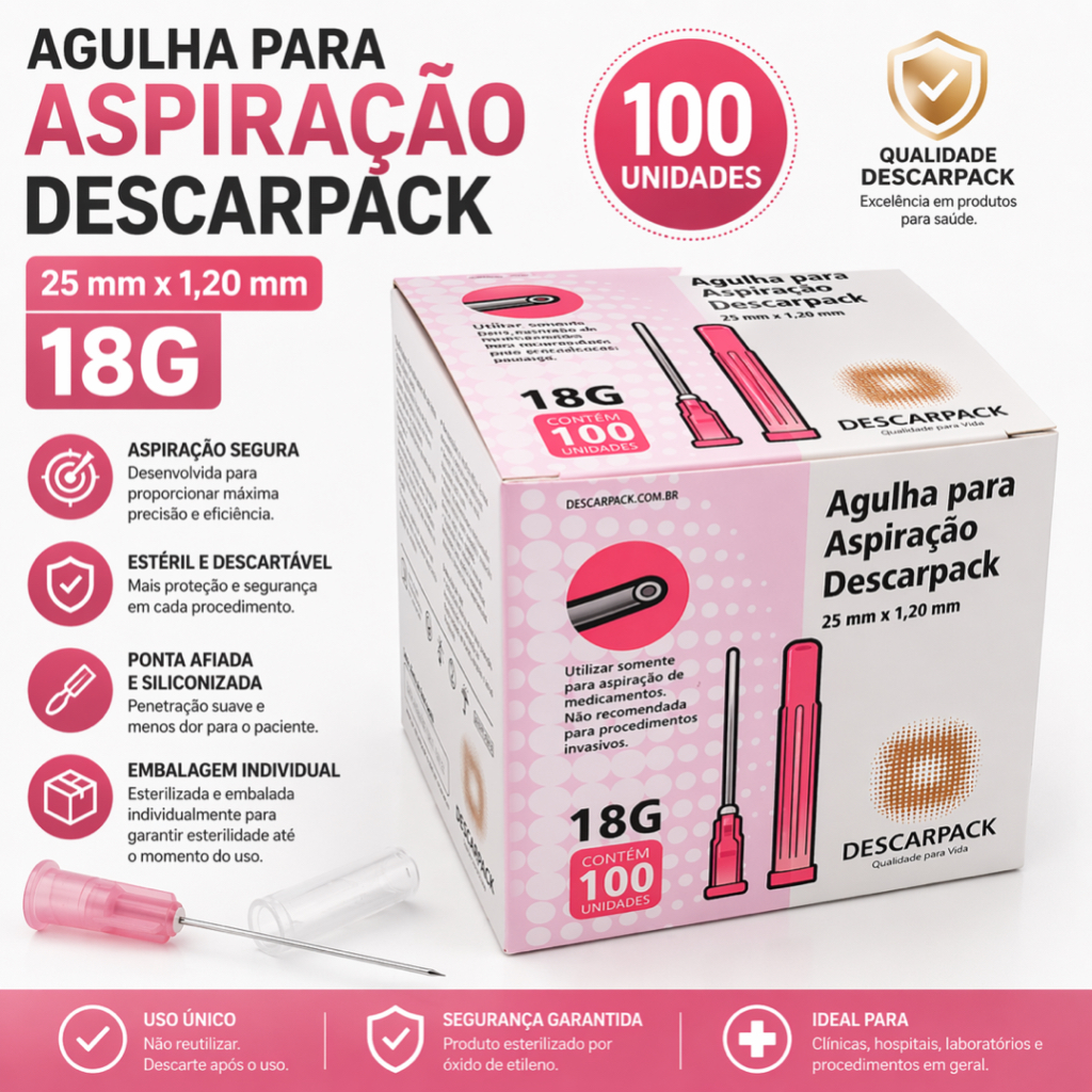 Agulha Vermelha De Aspiração Medicamento Ponta Romba  40x1,20mm 18G 100UN - Descarpack * ENVIO NO MESMO DIA UTIL *