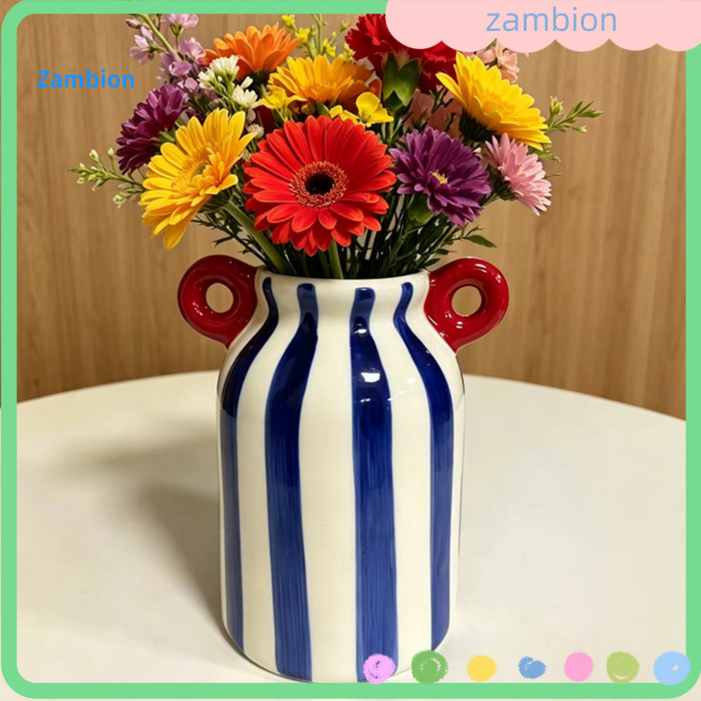 Lively Home Decor Vase Decorative Ceramic Hand-painted Striped Flower with Dual Handles – Small Wide Mouth Bud for Flo