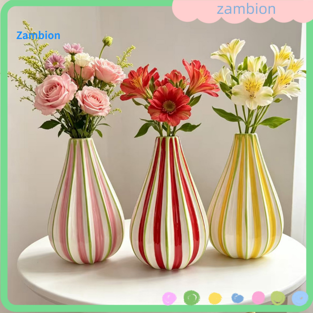 Small Ceramic Vase Compact Desktop Hand-painted Striped Vertical Stripe Bud Flower for Room Office Dining Shelf Decorati