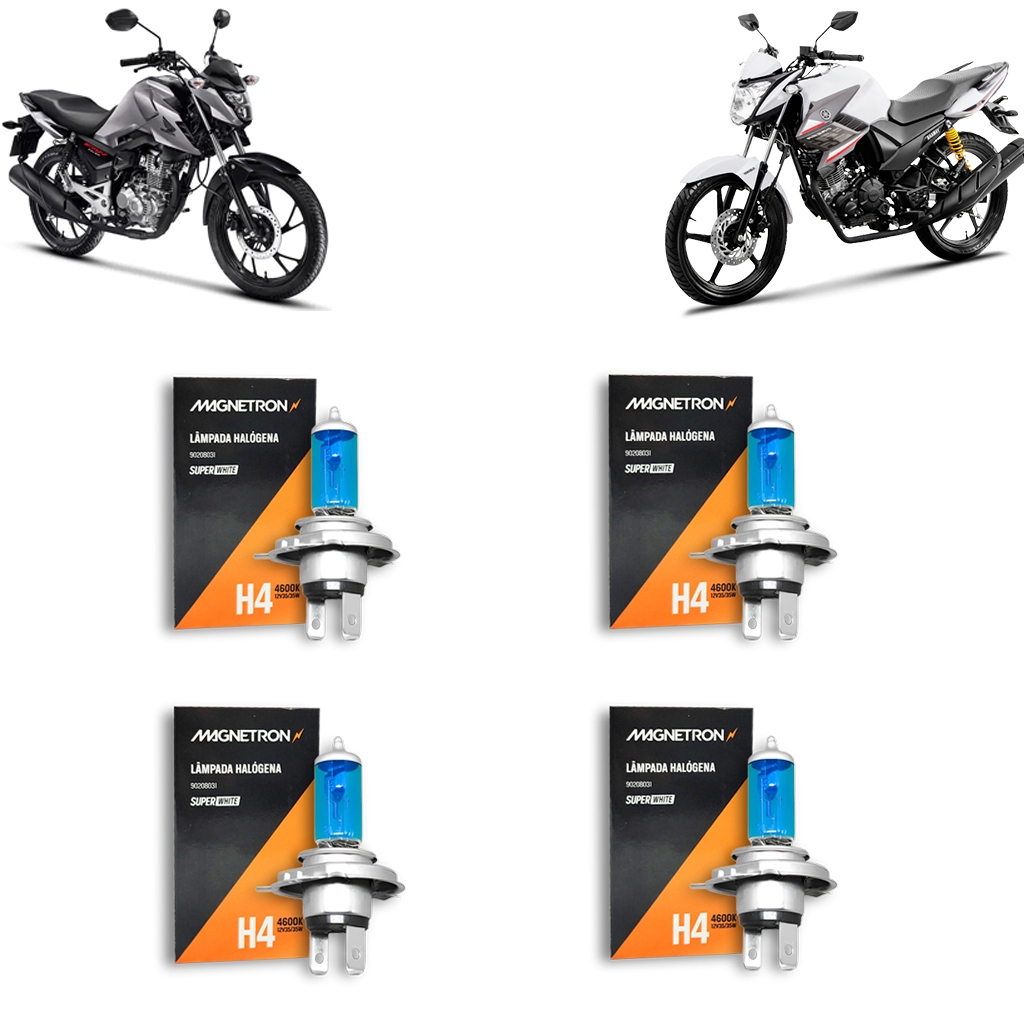 KIT 4 LAMPADAS H4 35/35W SUPER BRANCA UNIVERSAL HONDA YAMAHA SUZUKI DAFRA MAGNETRON