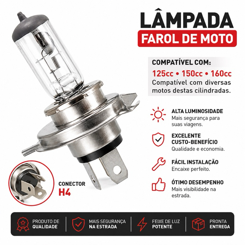 Lâmpada do farol H4 12V 35/35W Moto CG Titan Fan Bros YBR     Fazer Start Honda Yamaha Suzuki Dafra Shineray XRL XR