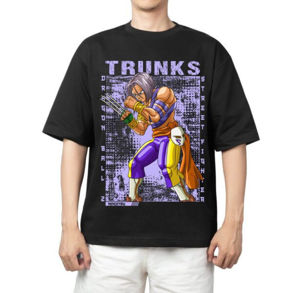 Camiseta Oversized Masculina Feminina Preta Estampa Trunks Crossover Dragon Ball Street Fighter Traje de Vega Garras