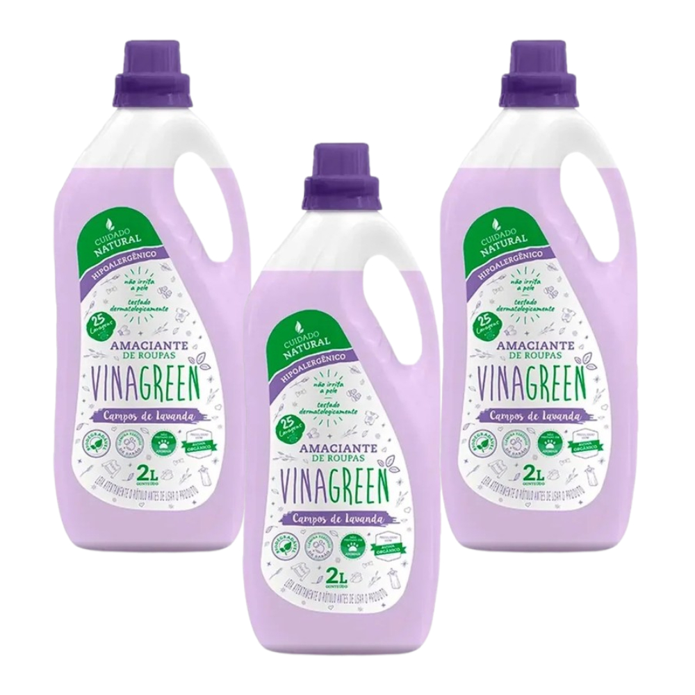 3 Amaciante Vinagreen 2L Elimina Resíduos Sabão Orgânico Vinagre Álcool Natural Hipoalergênico Roupa