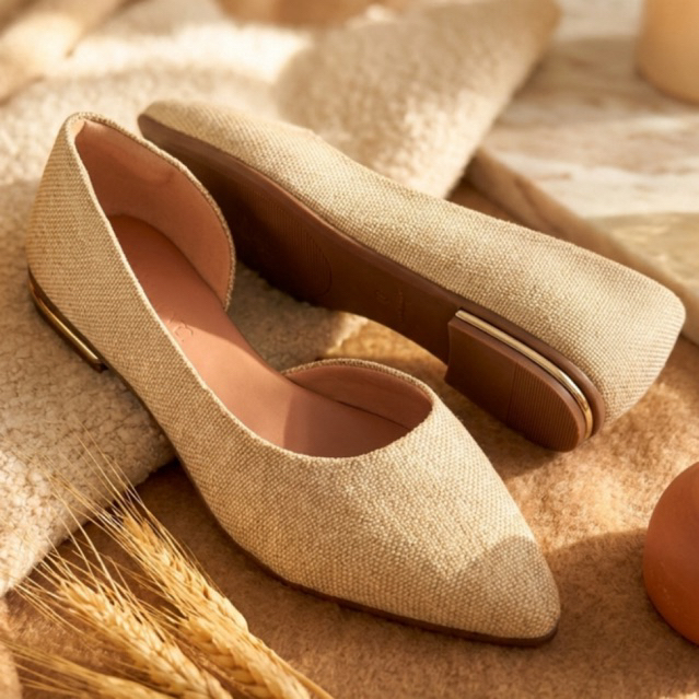 Sapatilha Feminina Bico Fino Cavada Metalizada Fio Tecido Natural Juta Confortável Distinta