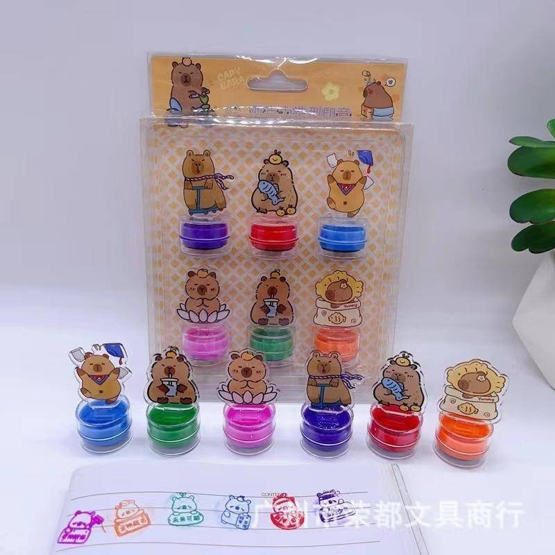 6Set of Capybara Round Stamps Cute Cartoon Reward Toys Album Decoration DIY Rubber stamp children's stationery gift