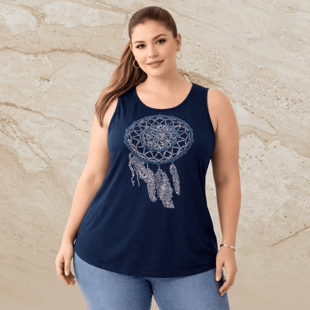 Regata Feminina Plus Size Tamanho 40 ao 64 (M ao G10) Modelo Tradicional Pedraria Filtro dos Sonhos