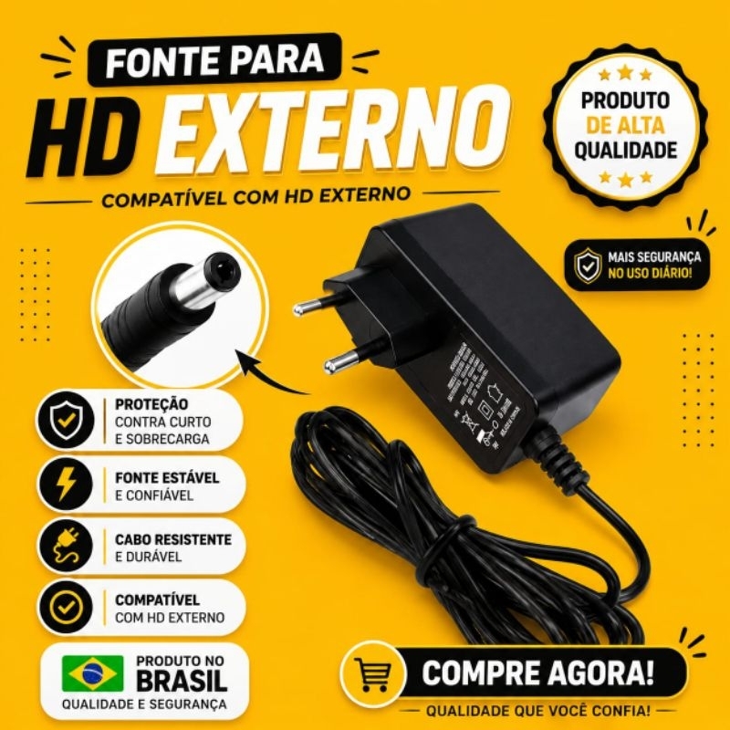 Fonte 12v 2a p/ HD Externo Samsung e Outros Modelos