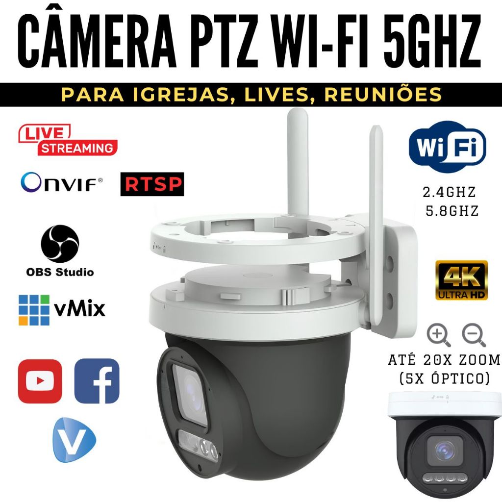 Câmera PTZ 4K 8MP RTSP POE Wi-Fi 2.4GHz e 5.8GHz 5x Zoom Óptico até 20x Digital para Live de Cultos e Eventos