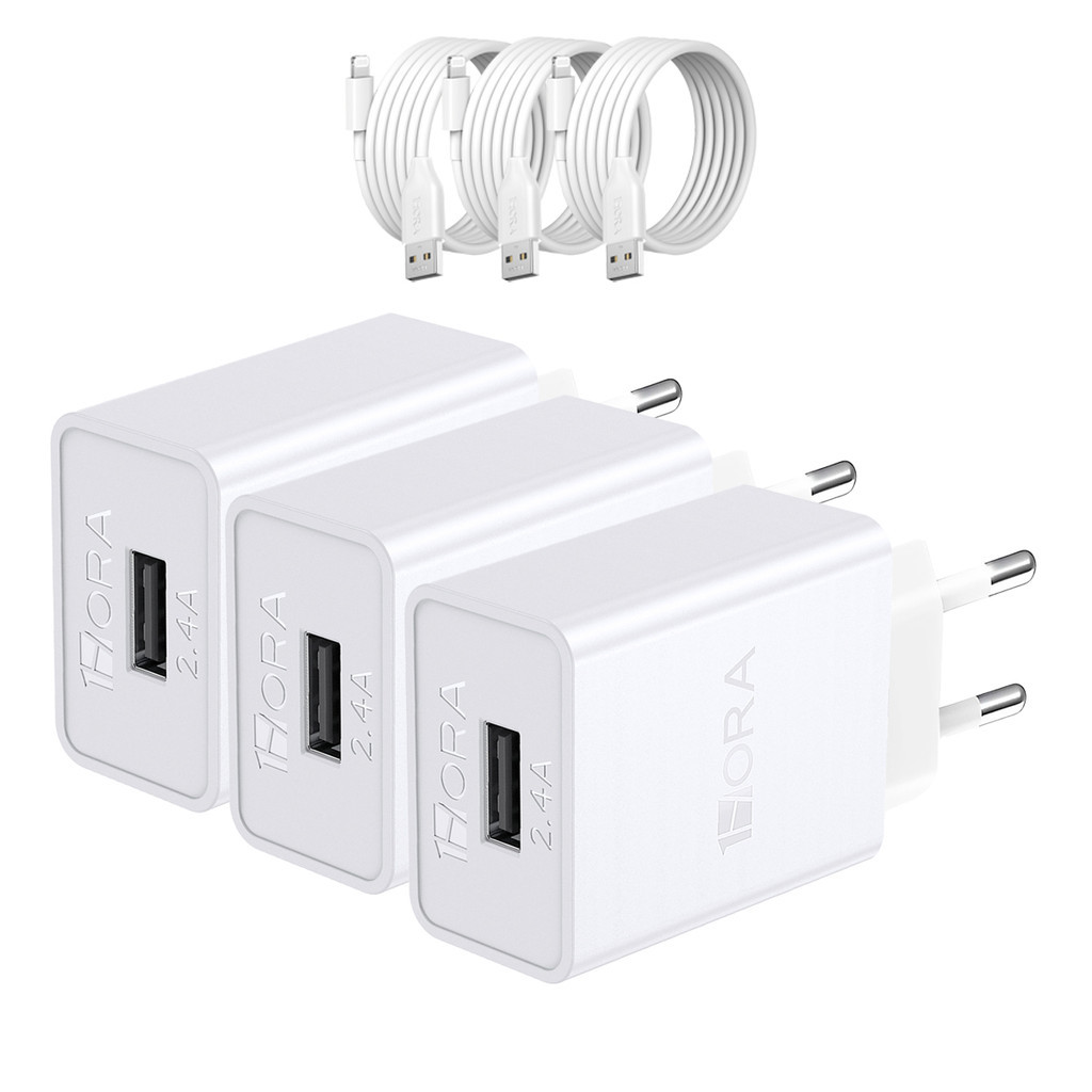 KIT 3X Carregador Usb 1Hora, 2.4A + Cabo Usb A/Lightning Branco