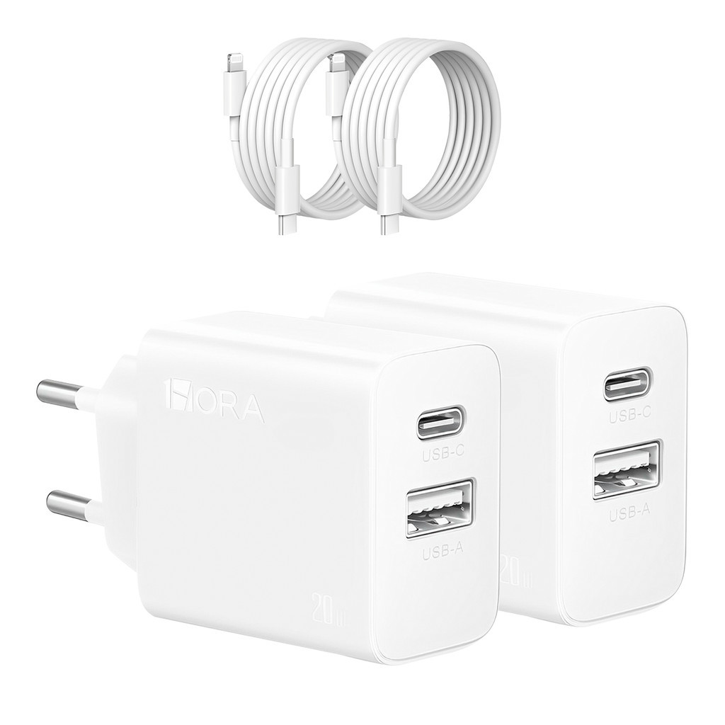 KIT 2X Carregador Usb 1Hora, Pd 20W Porta A/C + Cabo C/Lightning Branco