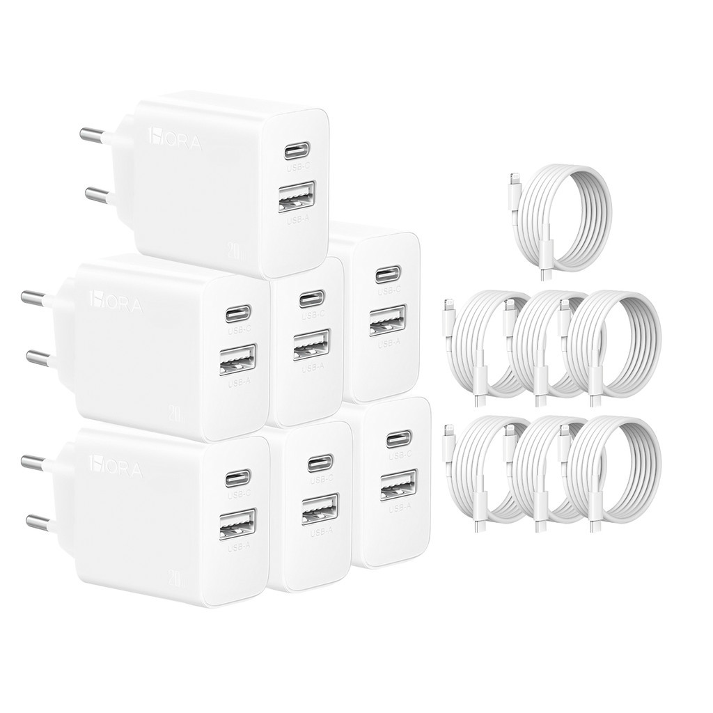 KIT 7X Carregador Usb 1Hora, Pd 20W Porta A/C + Cabo C/Lightning Branco