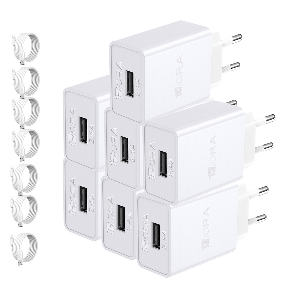 KIT 7X Carregador Usb 1Hora, 2.4A + Cabo Usb A/Lightning Branco