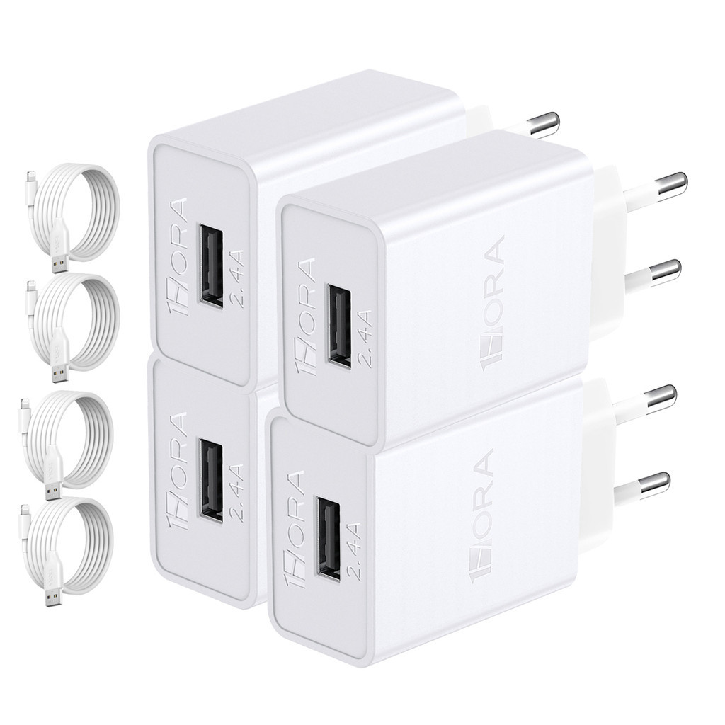 KIT 4X Carregador Usb 1Hora, 2.4A + Cabo Usb A/Lightning Branco