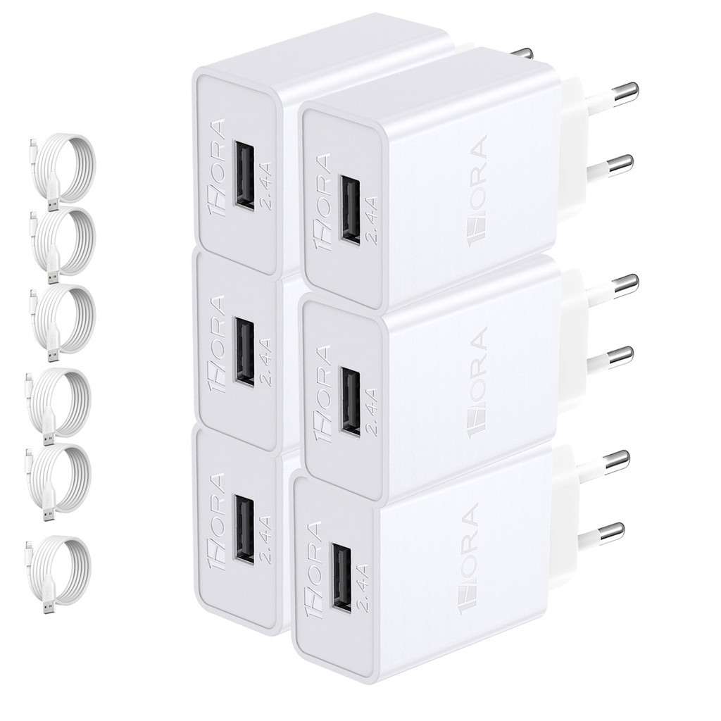 KIT 6X Carregador Usb 1Hora, 2.4A + Cabo Usb A/Lightning Branco