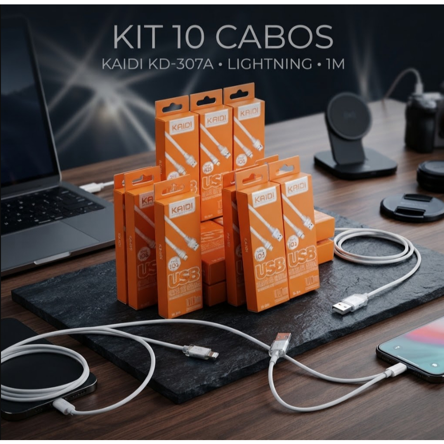 Kit 10 Cabos Kaidi KD-307A Lightning 1M USB Carregamento Rápido