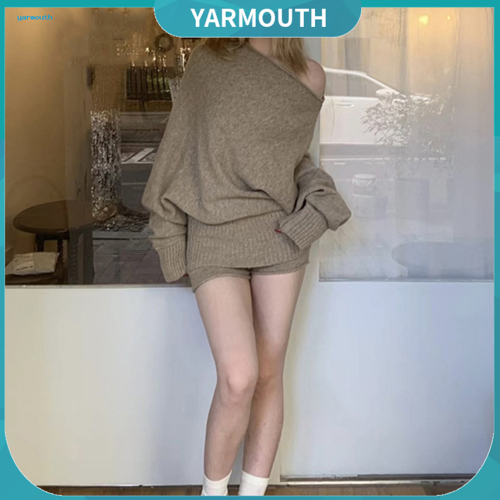 Women Top Shorts Suit Long Sleeve and 2 Pcs Women’s One Shoulder Bat Knitted Sweater High Waist Slim Fit Mini Set –
