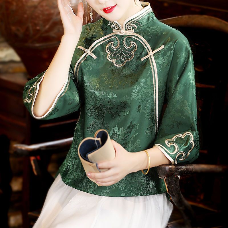 Blusa Verde Clássica Chinesa Para Mulheres Mais Tamanho Simulado Vintage De Seda Colarinho De Fivela 3/4 Mangas