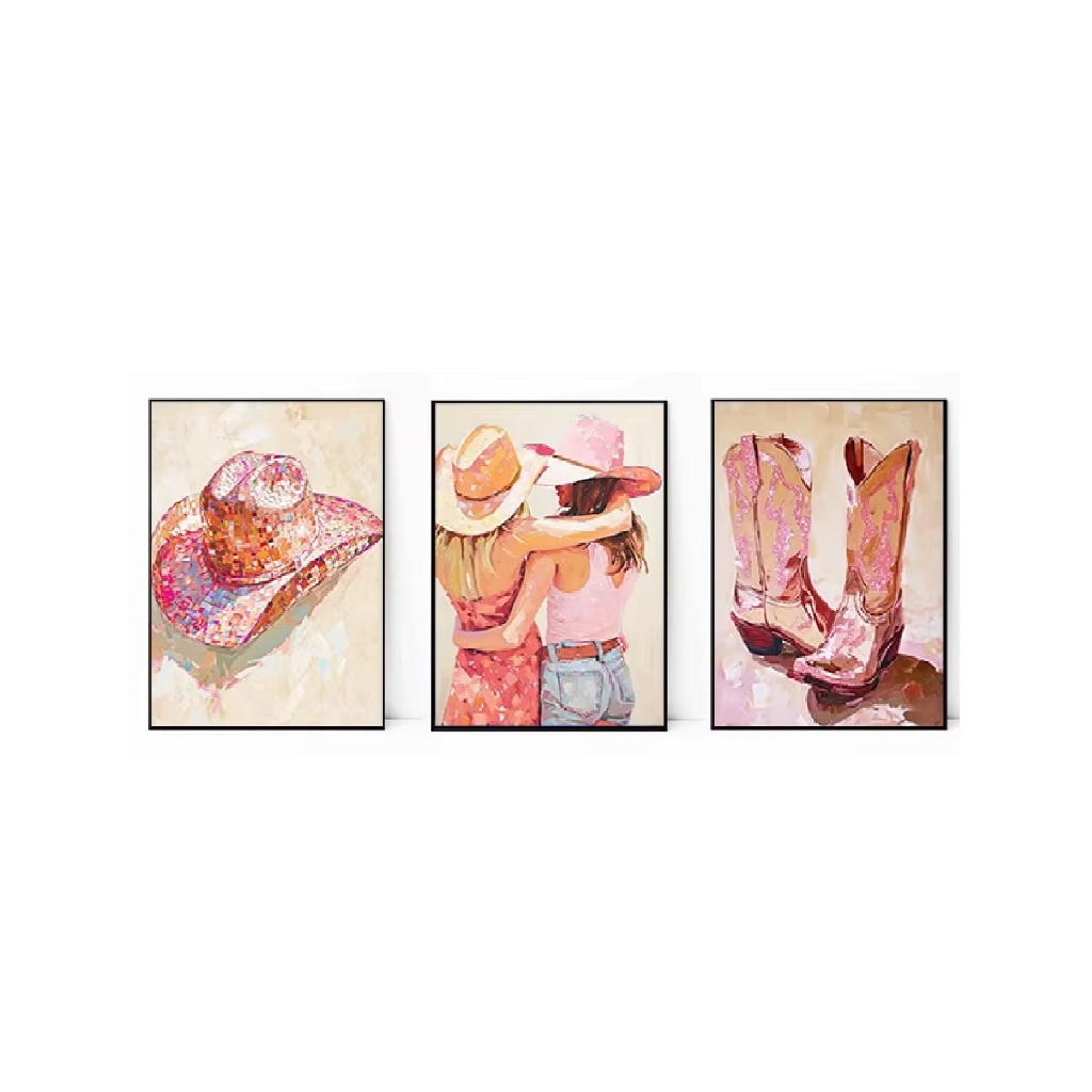 Quadros decorativos Disco Balls Cowboy Hat Botas Morango Rosa Bow Pink Fashion (3 peças)