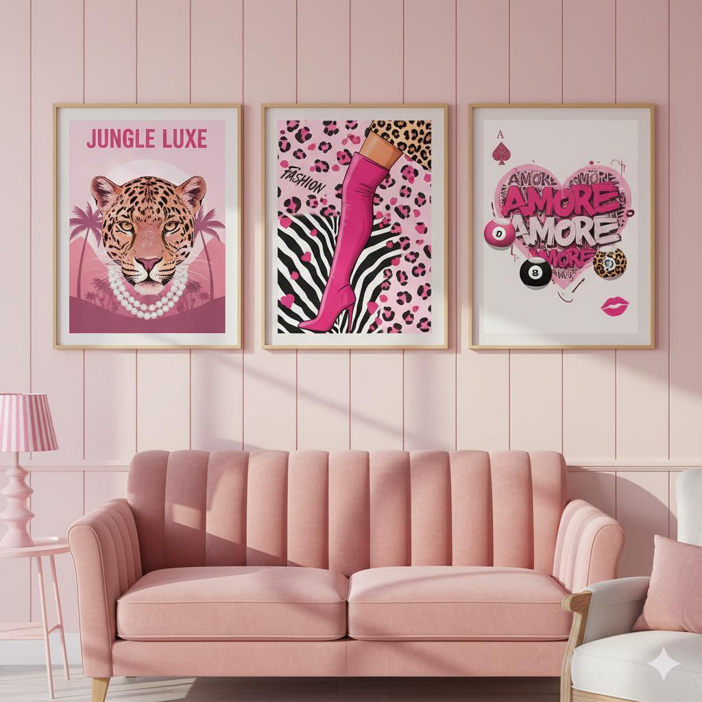 Quadros decorativos estilo fashion selvagem pink moderno (3 peças)