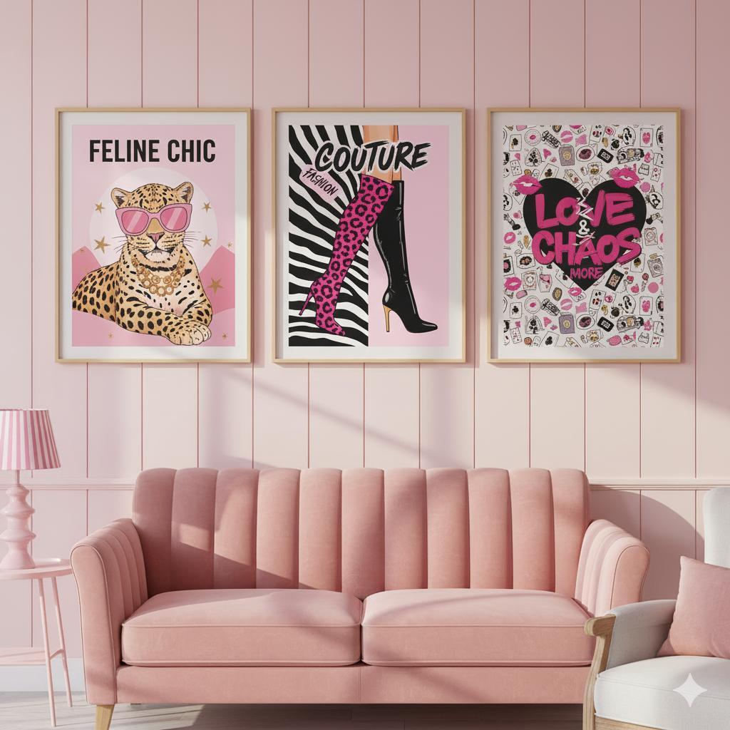 Quadros decorativos arte pop fashion chic pink moderno (3 peças)