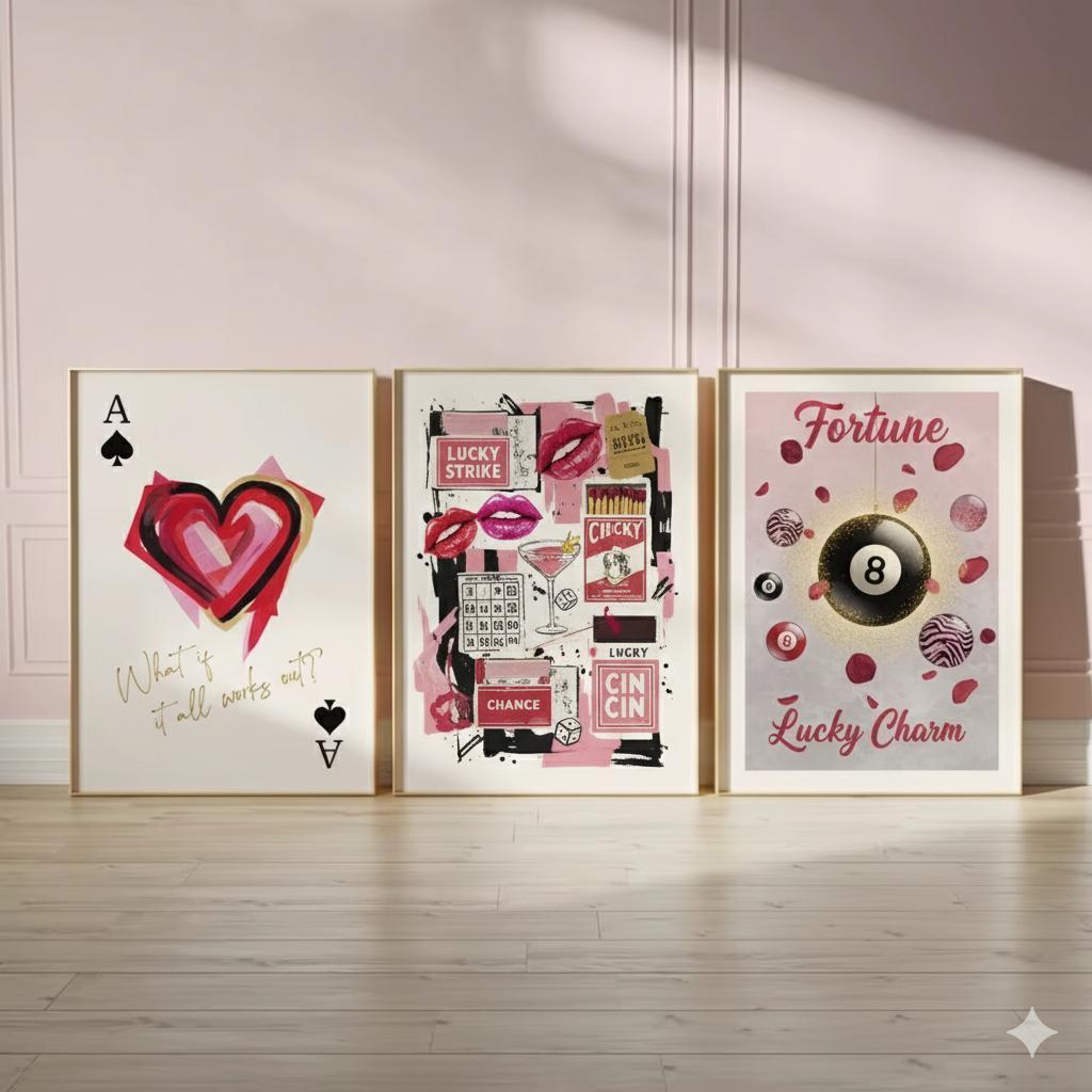 Quadros decorativos corações e sorte estilo fashion pink (3 peças)