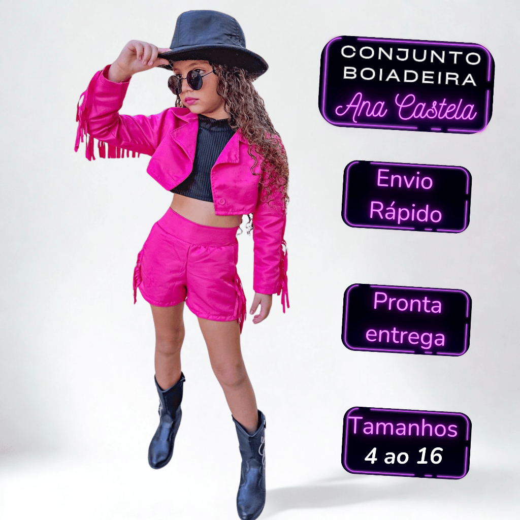 Conjunto Fantasia Boiadeira Menina Infantil Rosa Pink Cropped Preto - Estilo Exclusivo Ana Castela