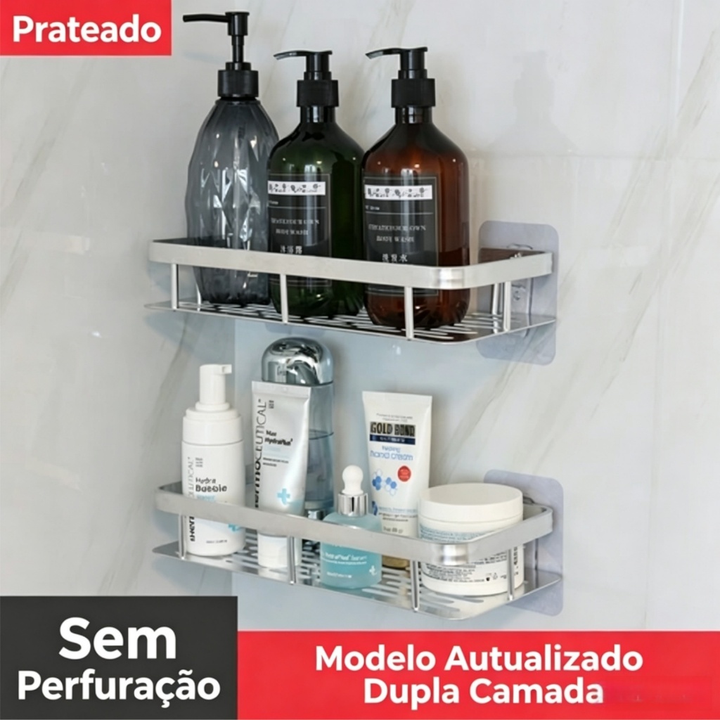 Aluminum Wall-Mounted Bathroom Shelving Unit—No Drilling Required—Storage for Bathroom and Beauty Supplies