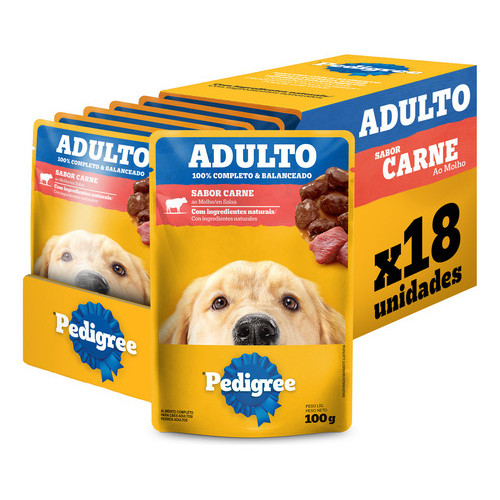 Pack Ração Úmida Pedigree Para Cães Adultos Sachê Carne Ao Molho100g Caixa Com 18 Unidades