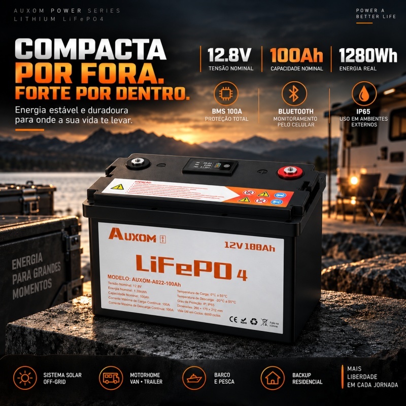 AUXOM Bateria LiFePO4 12,8V 100Ah 1280Wh BMS 100A Bluetooth IP65 Solar Motorhome Off-Grid