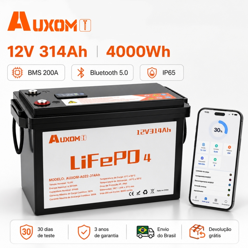 AUXOM Bateria LiFePO4 12V 314Ah Semi-Sólida c/ BMS 200A Motorhome Solar Off-Grid