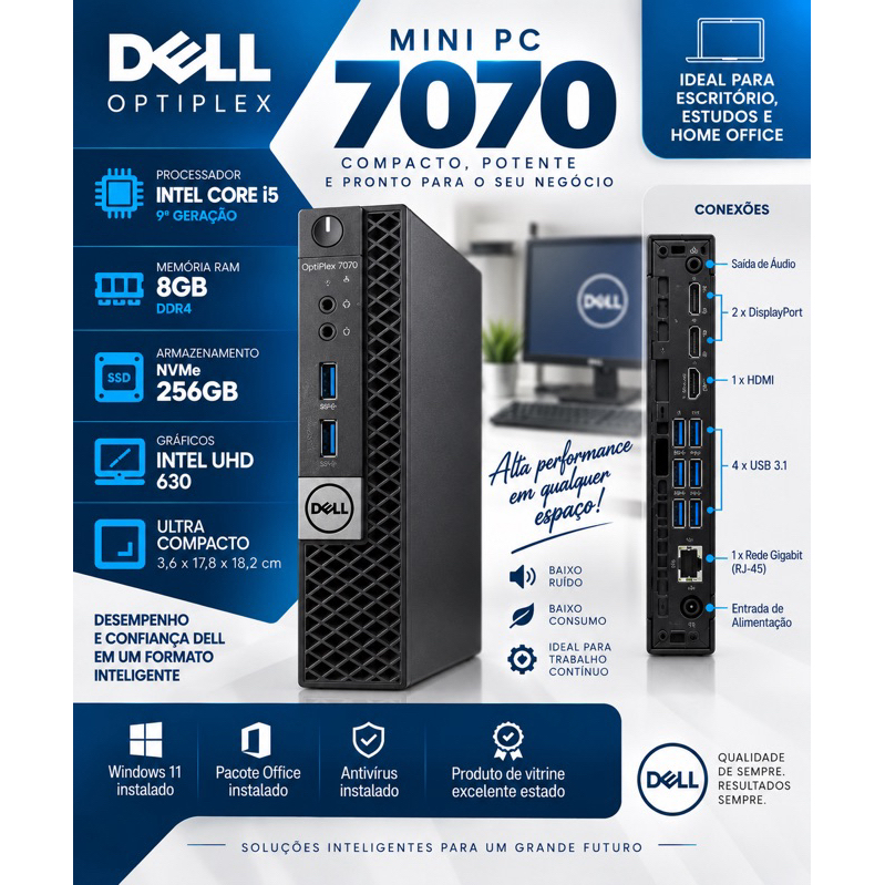 MINI PC DELL  Optiplex Micro 7070 - Intel Core I5 9500T 16GB RAM/SSD NVME 256 GB/ BLUETOOTH/WIFI/SOM INTEGRADO