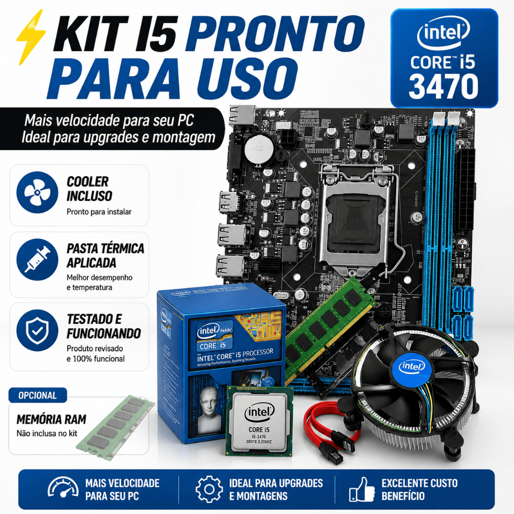 Kit Intel Core i5 3470 + Placa Mãe LGA1155 + Cooler | 8GB/16GB Upgrade Vídeo Integrado Desktop