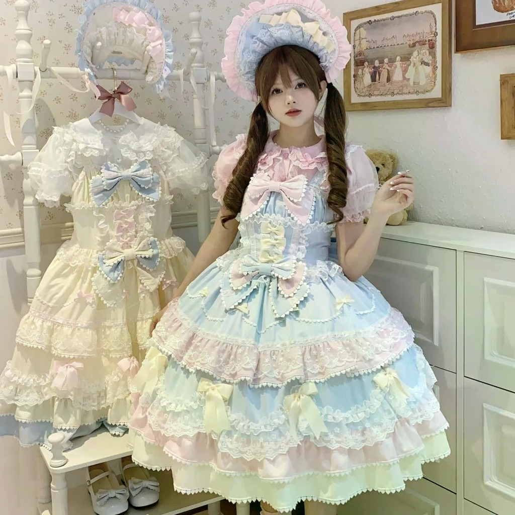 Vestido Lolita Super Doce Vestido Elástico + Laço Atrás + Camisa Branca Bonito Doce Rosa Azul Temperamento Menina Design