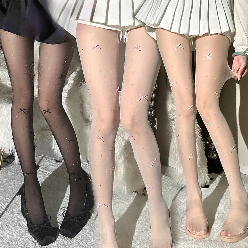 Bonito Diamante Bowknot Meia-Calça Feminina Brilhante Embelezar Meninas Super Elástico Menina Lolita Y2K Moda Fina Renda