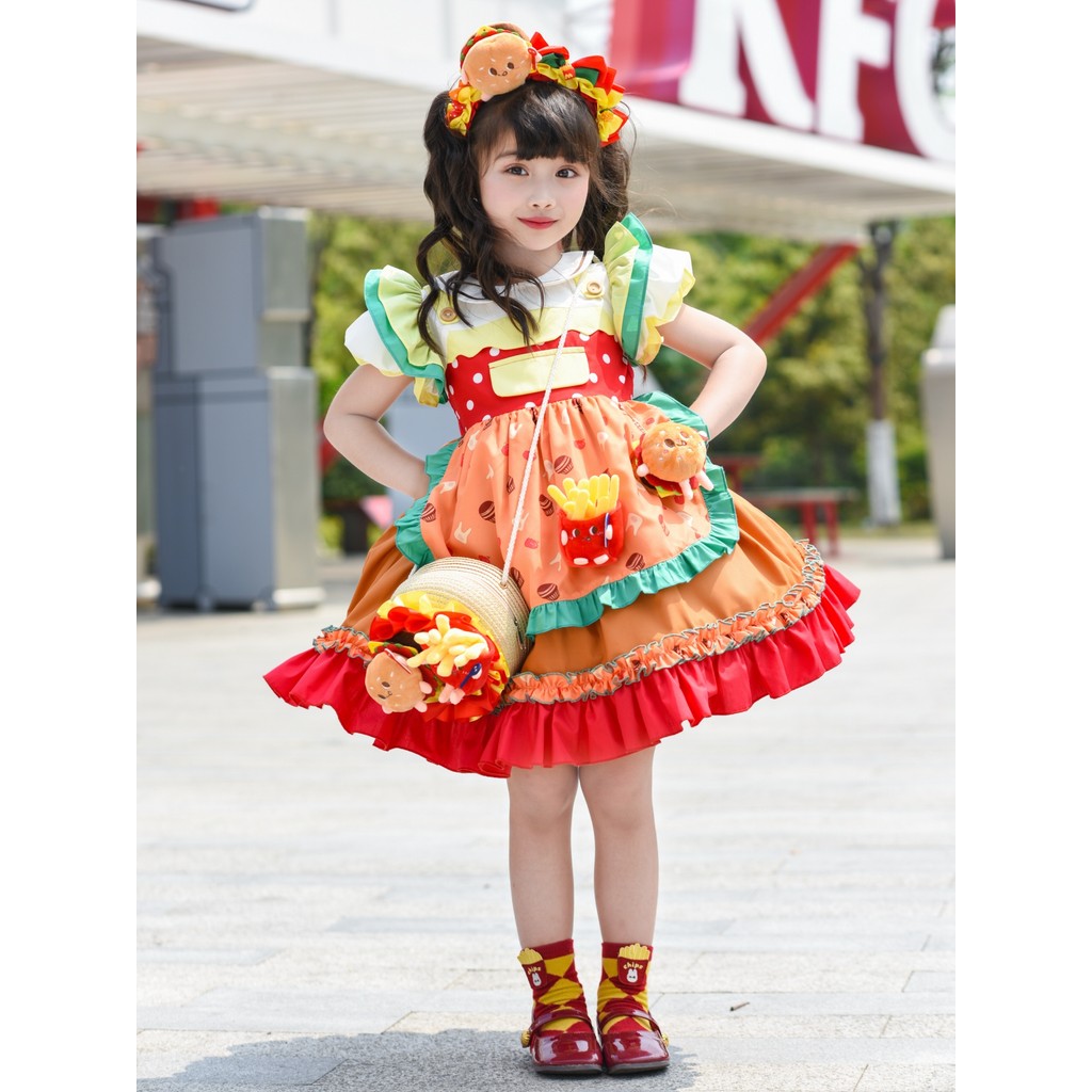 Meninas batatas fritas hambúrguer Lolita saia bebê menina bonito Super bonito saia de aniversário das crianças mostrar v