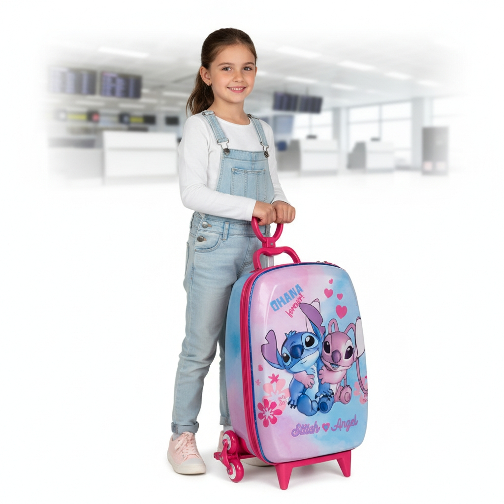 Mala Infantil Disney Stitch Angel Personagens 3D Rodinhas Multicolorida Prática Criança