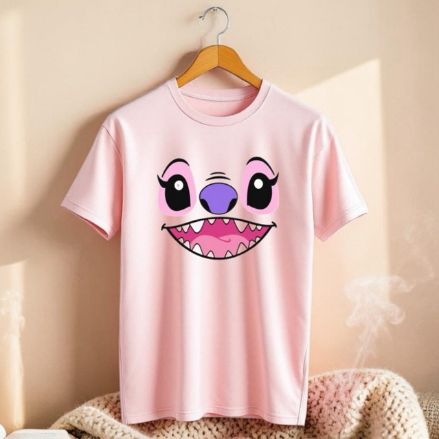 Camiseta Stitch Rosa Angel Personagem Desenho Infantil Algodão 30.1 Envio Imediato