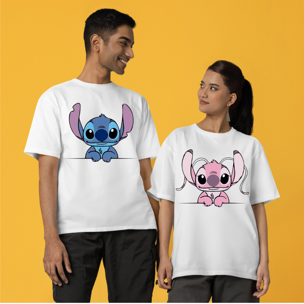 Kit Casal 2 Camisetas Angel e Stitch Namorados Fofo Personagem Desenho Camisas Algodão Premium
