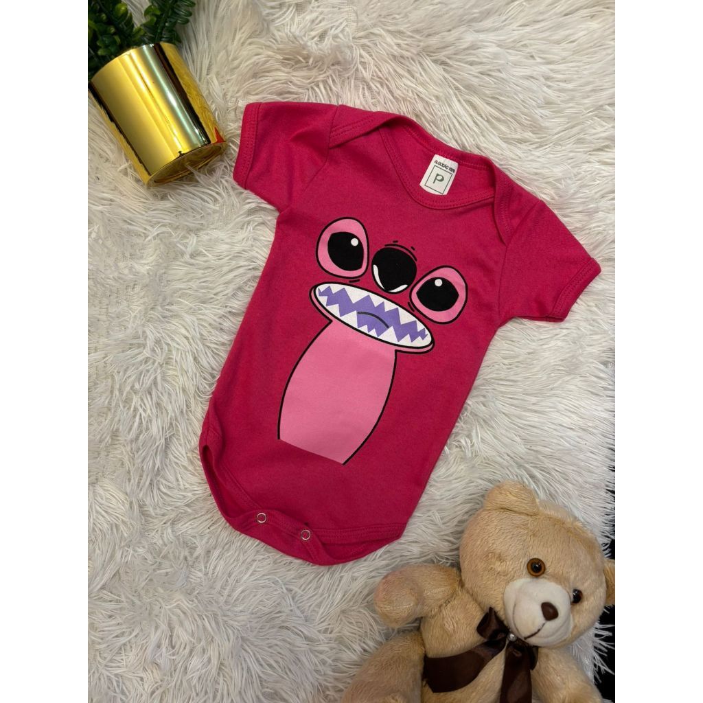 Body Bebê Infantil Mêsversário Temático Stitch Angel Rosa Macacao Personagens Fantasia +BRlNDE