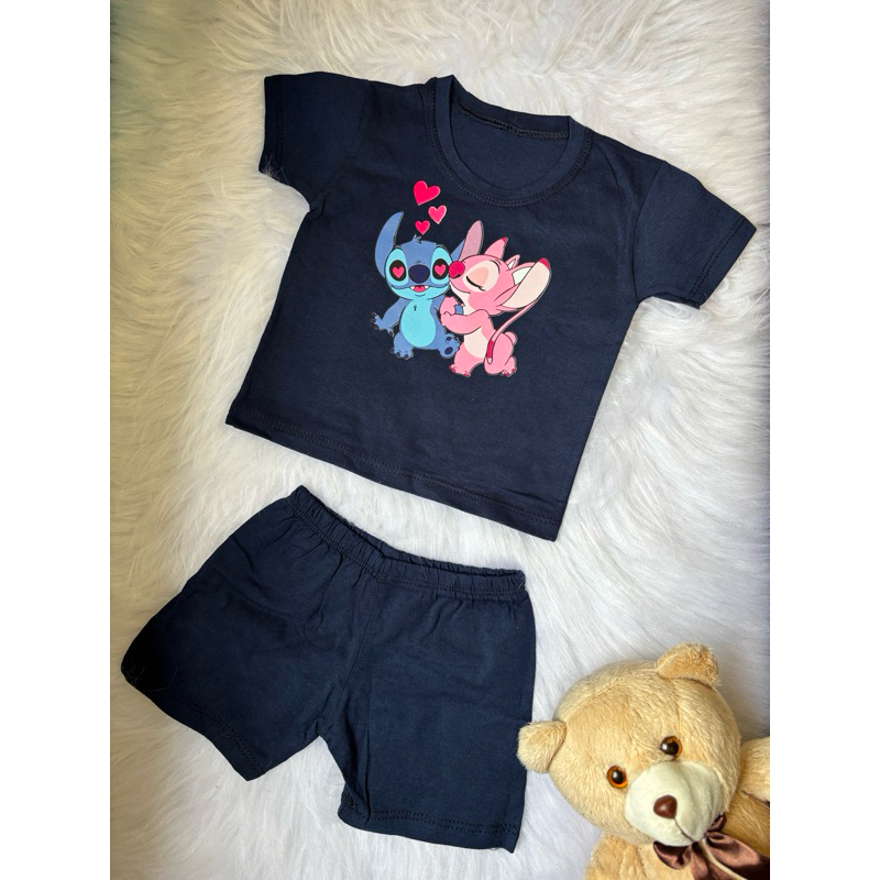Conjunto Azul Bebê Menina Stitch e Angel Camiseta + Shorts Roupa Infantil Personagem Feminino